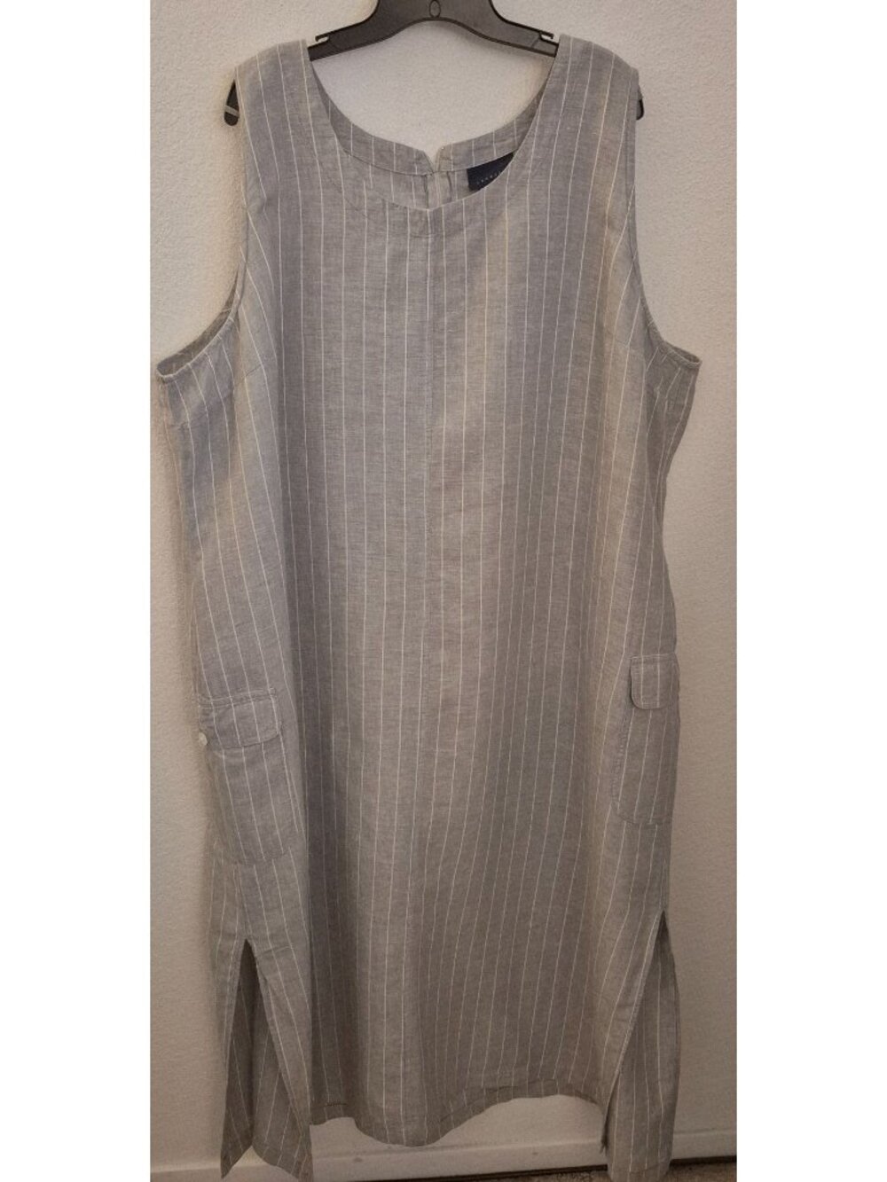Vintage Venezia Linen/Cotton Blend Grey Striped Cargo Pocket Maxi Dress Sz 26/28